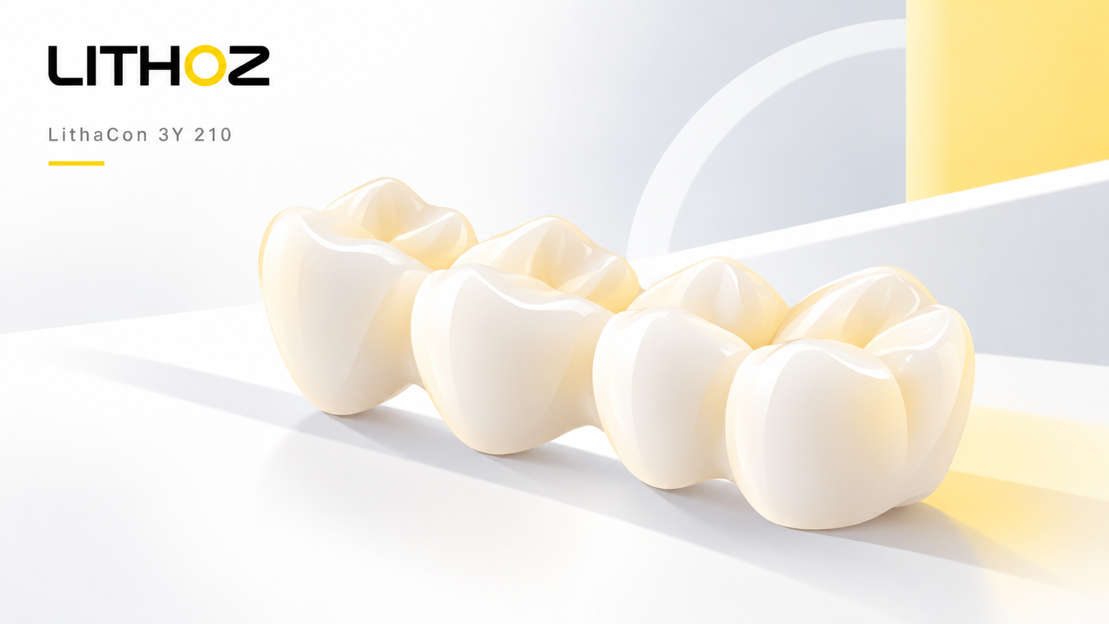 Ilustración conceptual de coronas de zirconia impresas en 3D junto al logo de Lithoz